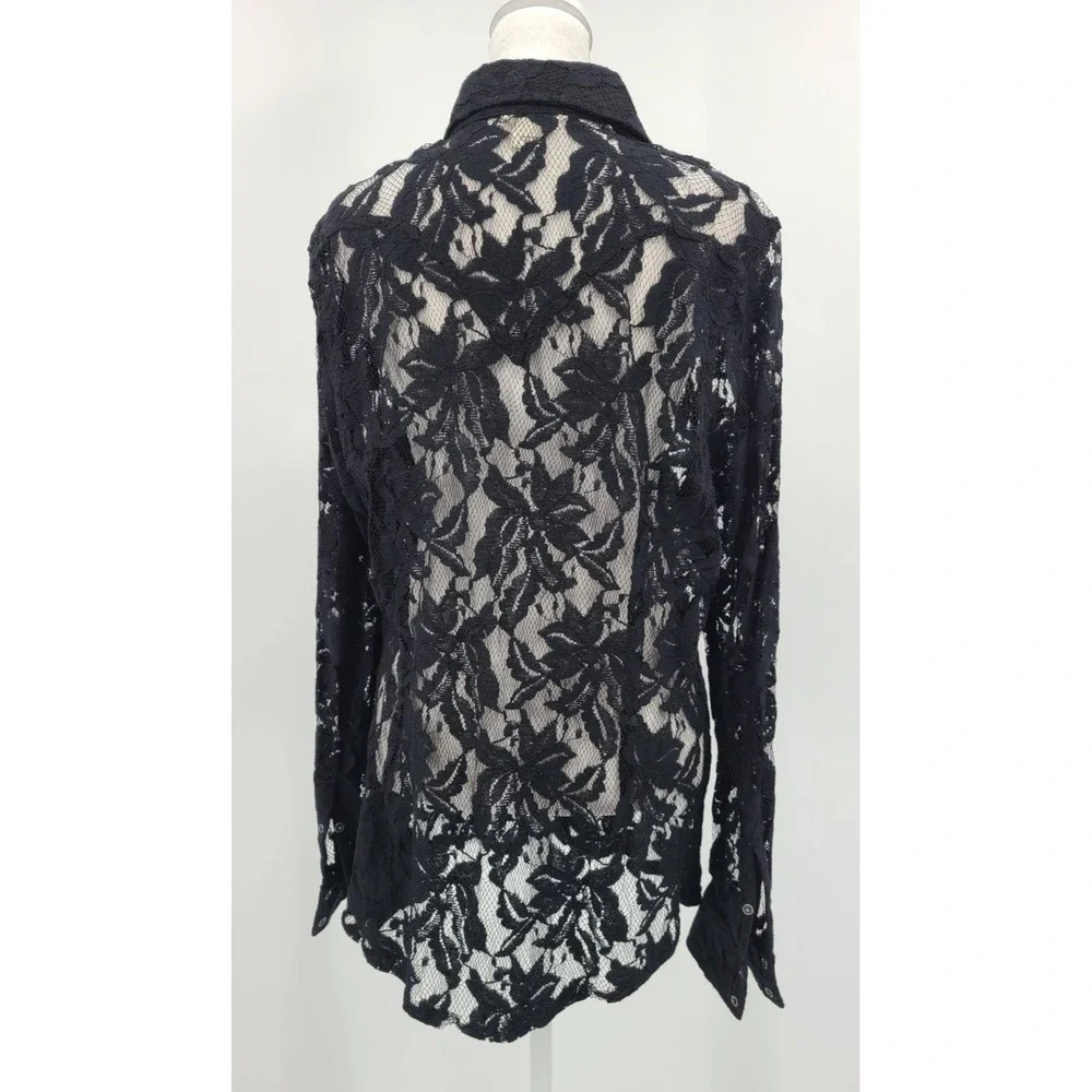 Whimsigoth Lace Ariat Women Top L Button Up Mesh Layering Floral Collar Layering